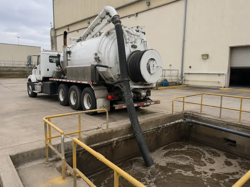 Vactor de 17 m³ estacionado en el patio de maniobras de una nave industrial con la pluma de succión desplegada